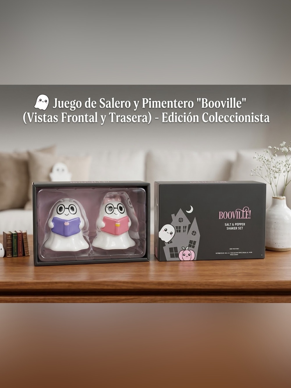 Booville Ghost Salt & Pepper Shaker Set with Pink and Purple Books